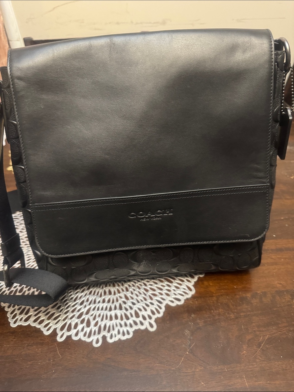 Coach Black Leather and Signature Canvas Crossbody Messenger Bag